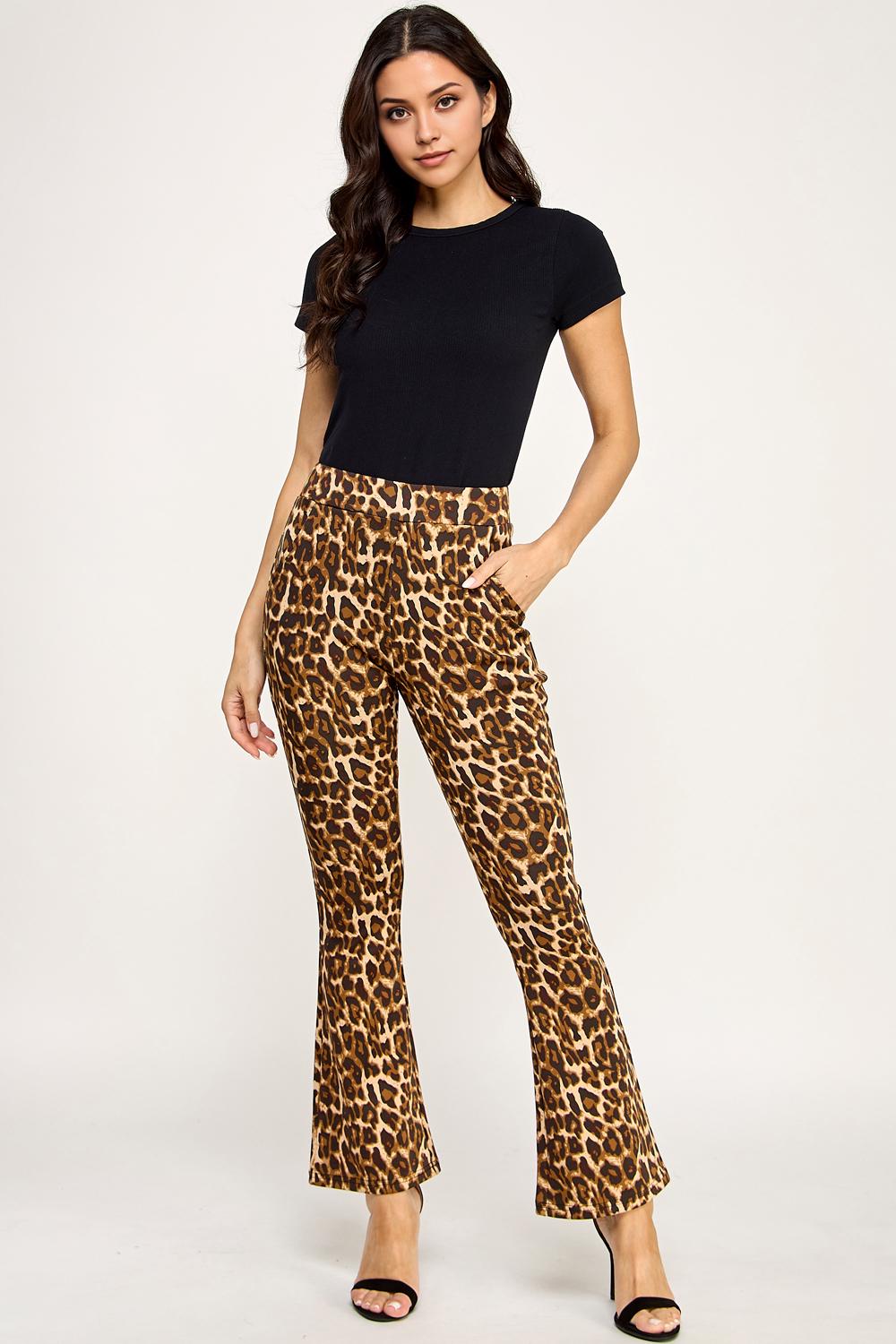 Leopard Print Flare Pants – Stretch Scuba Bell Bottom Trousers | Statement Animal Print for Women – TDV29C-U