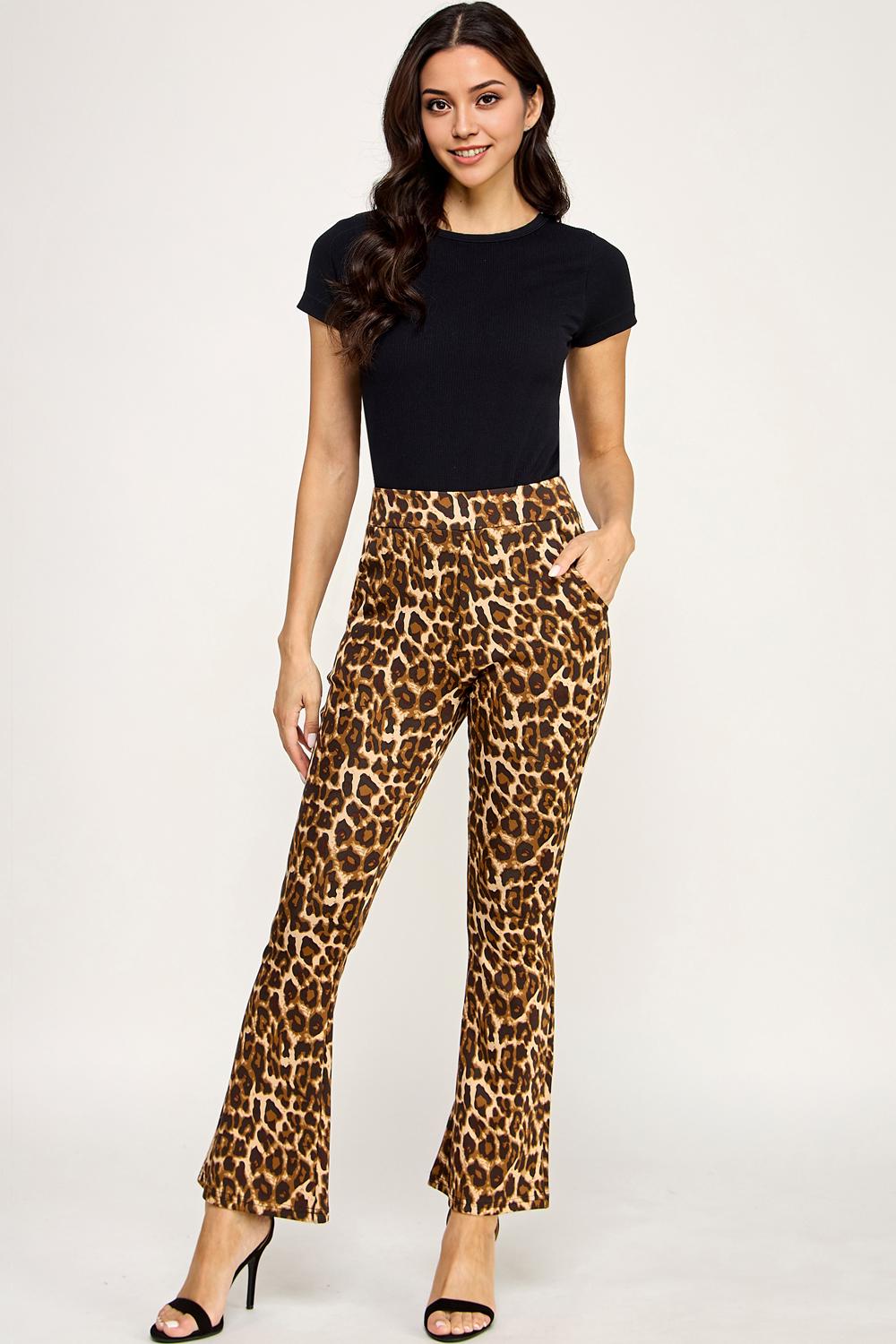 Leopard Print Flare Pants – Stretch Scuba Bell Bottom Trousers | Statement Animal Print for Women – TDV29C-U