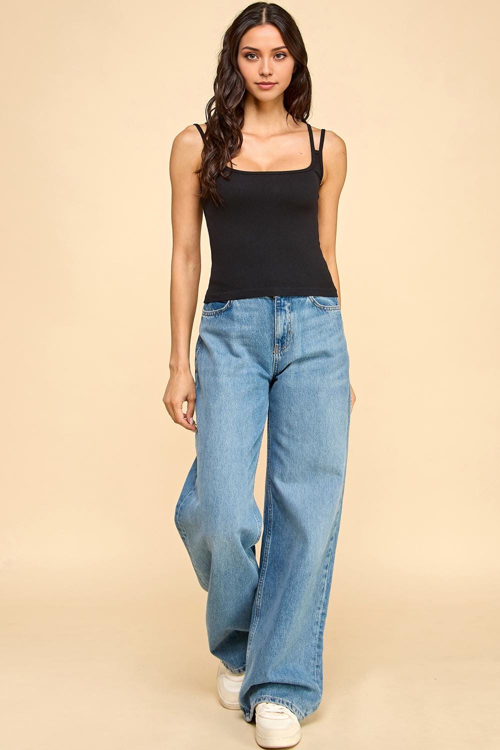 Seamless Double-Strap Ribbed Cami Top – Square Neck Fitted Tank