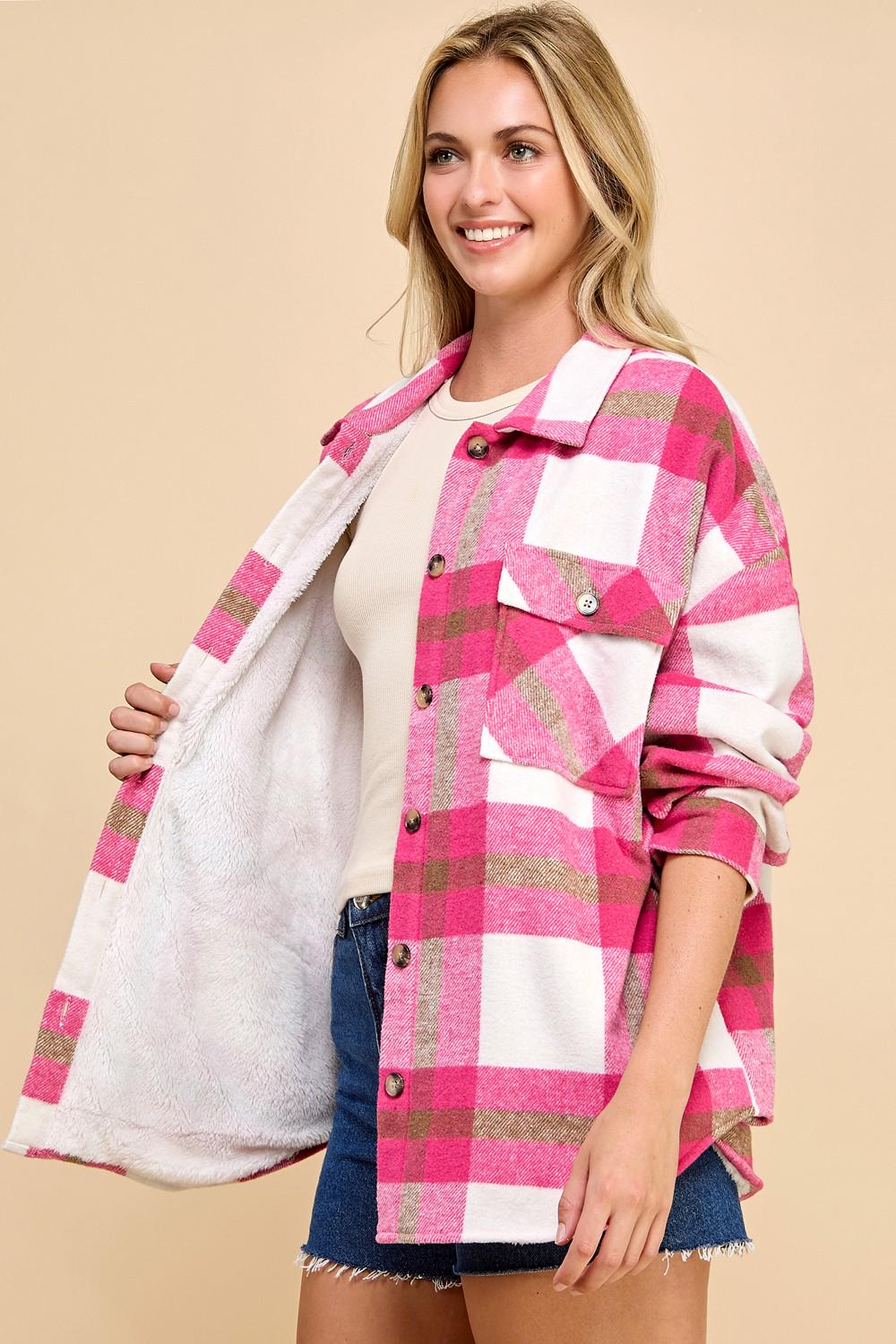 Oversized Plaid Shacket Jacket with Fur Lining – Cozy Flannel Winter Shirt Coat for Women | Warm Casual Checkered Outerwear