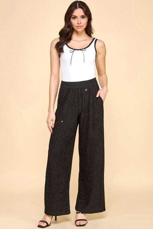 Rhinestone Crinkle Lounge Pants – Sparkly Wide Leg Dressy Loungewear for Women | Shimmer Soft Stretch Evening & Holiday Pants