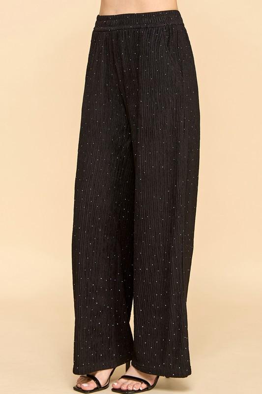 Rhinestone Crinkle Lounge Pants – Sparkly Wide Leg Dressy Loungewear for Women | Shimmer Soft Stretch Evening & Holiday Pants