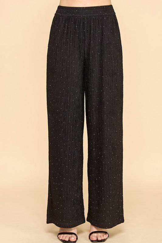 Rhinestone Crinkle Lounge Pants – Sparkly Wide Leg Dressy Loungewear for Women | Shimmer Soft Stretch Evening & Holiday Pants