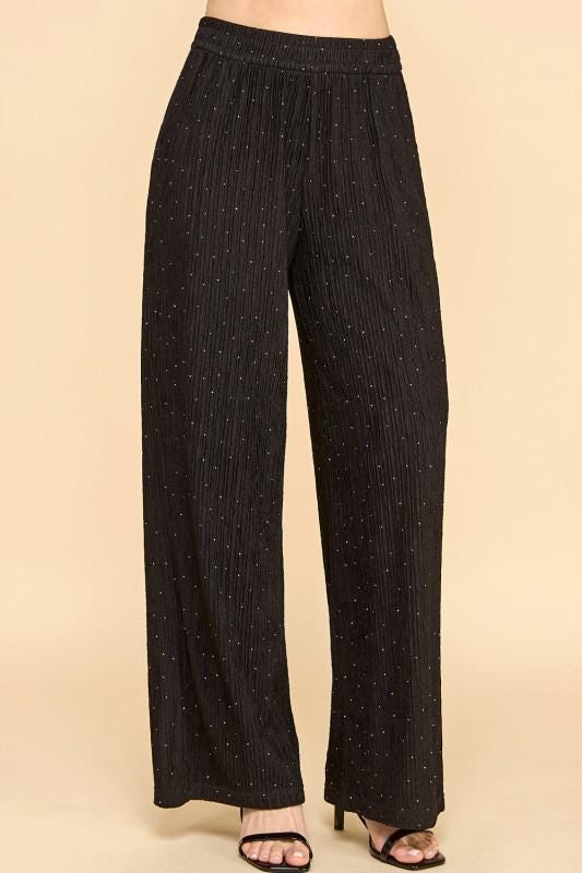 Rhinestone Crinkle Lounge Pants – Sparkly Wide Leg Dressy Loungewear for Women | Shimmer Soft Stretch Evening & Holiday Pants